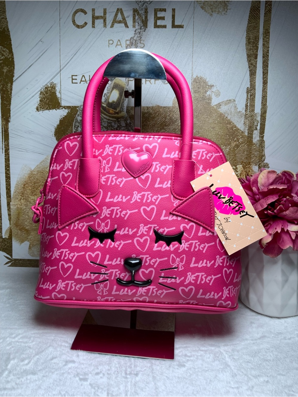 Betsey Johnson Hot Pink Cat Dome Satchel with Heart Accent